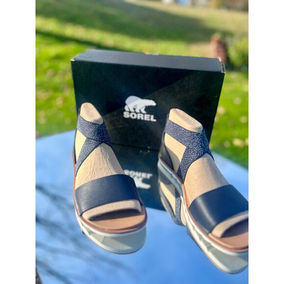 Sorel Ella ll Sandal in Navy Blue with White Stitching - Picture 2 of 5